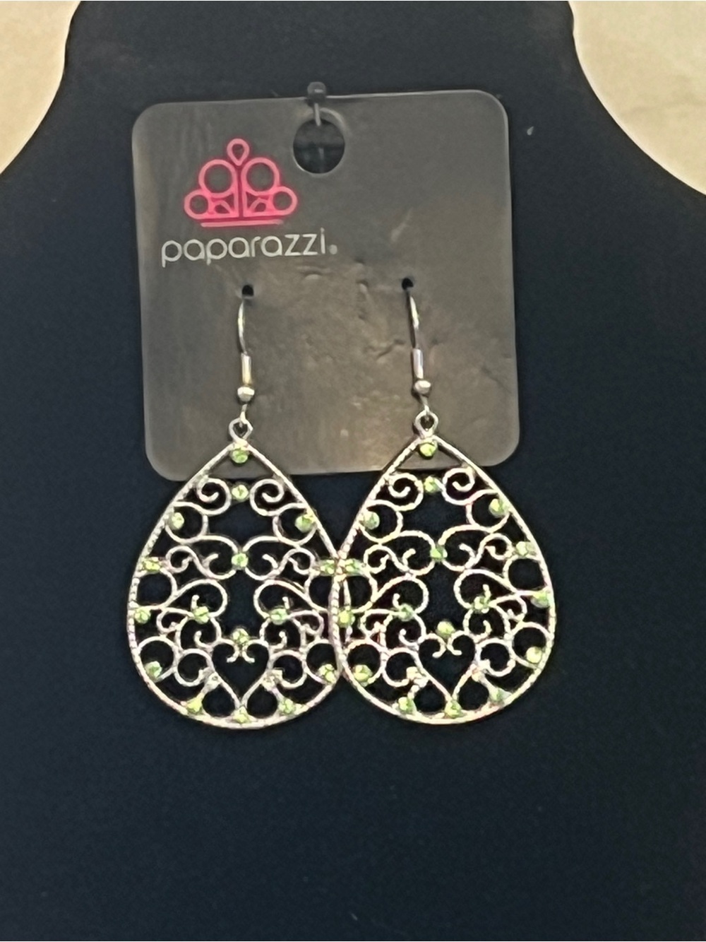 Paparazzi Silver Teardrop Filigree Earrings with Lime Accents